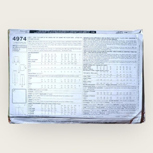 Vintage Simplicity Sewing Pattern 4974 Girls Pants Top Blanket Pillow Cover - Picture 2 of 2